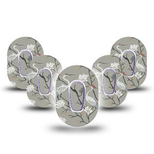ExpressionMed Cranes Dexcom G6 Mini, 5-Pack Tape and 5-Pack Sticker Gray tone floral cranes Waterproof Sensor Cover for Continuous Glucose Monitor