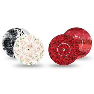 ExpressionMed Crimson Bloom Variety Pack Freestyle Libre, Libre 2 Plus, and Abbott Lingo, 4-Pack Tape and 4-Pack Sticker, Valentines roses Adhesive Tape for CGM