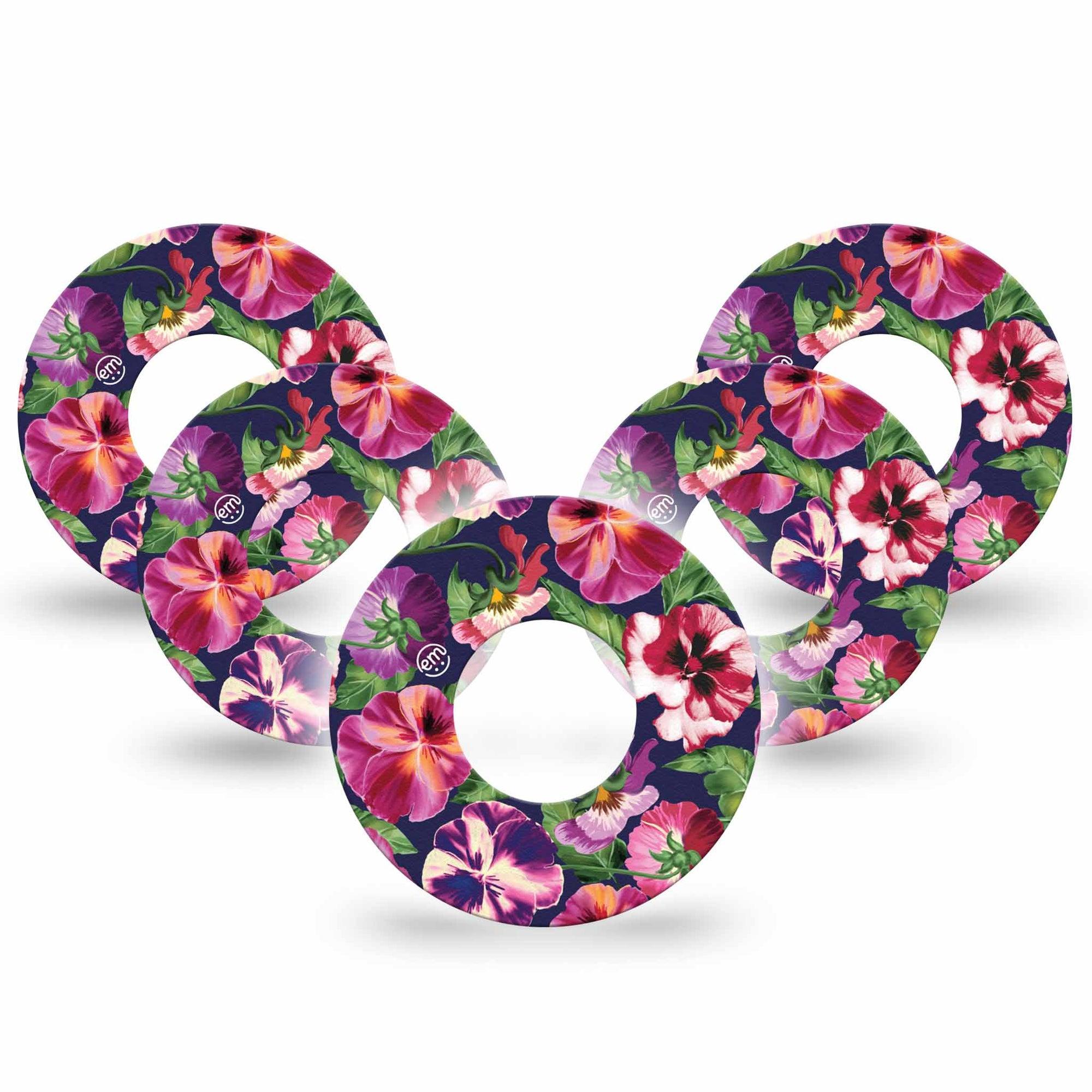 ExpressionMed Flower Girl Pansies Freestyle Libre Tape, Abbott Lingo, 5-Pack Tape Large Petal Florals, Fixing Ring Tape Continuous Glucose Monitor Design