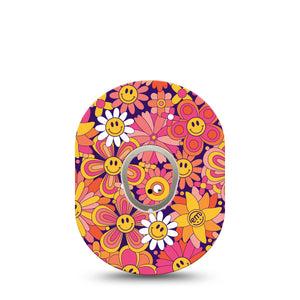 ExpressionMed Groovy Dexcom G7 Sticker and Tape orange and pink smiley faces Vinyl Sticker and Tape Pairing Continuous Glucose Monitor Design