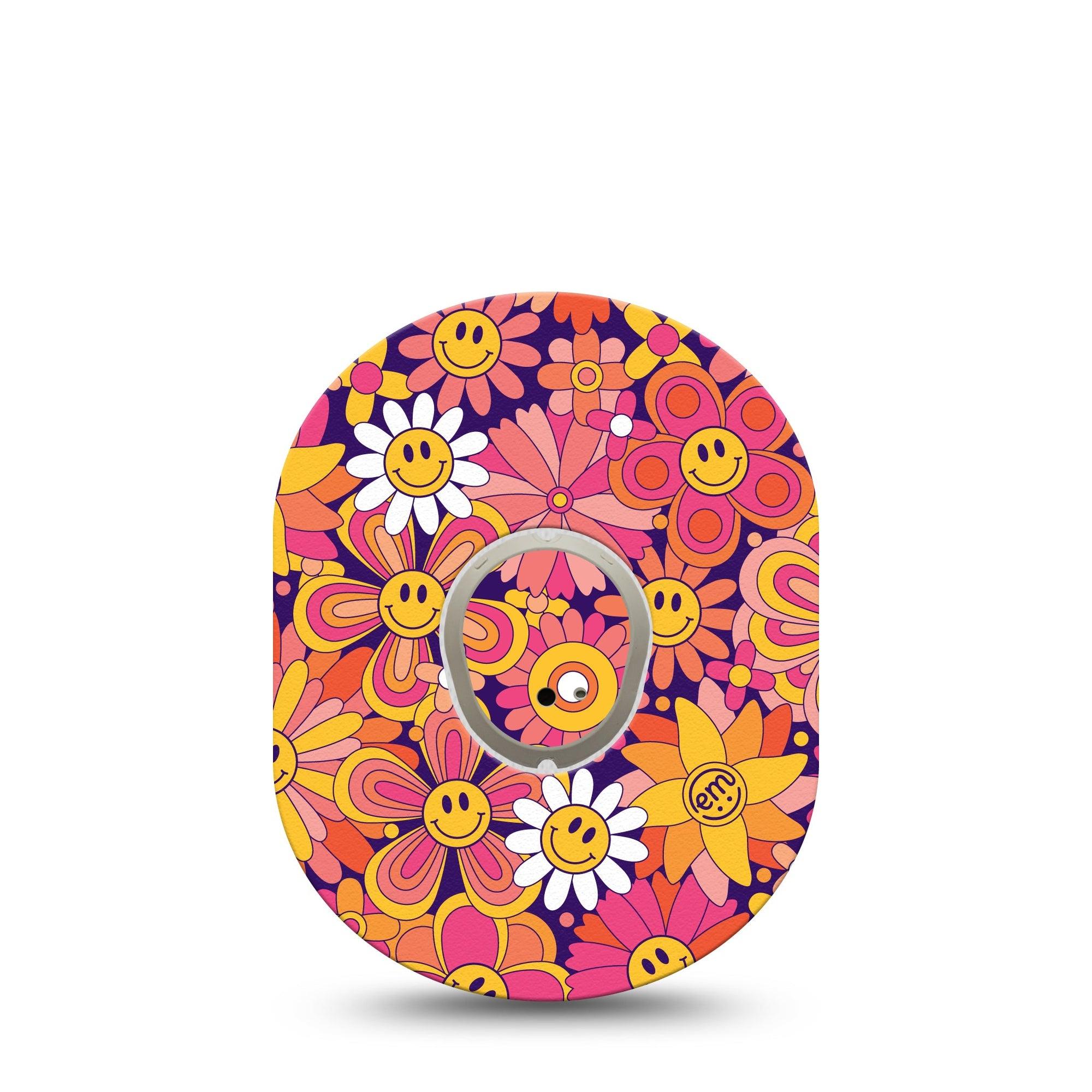 ExpressionMed Groovy Dexcom G7 Tape, Dexcom Stelo Glucose Biosensor System,  Single Tape and Single Sticker Orange Pink Daisies Overlay Tape Continuous Glucose Monitor Design