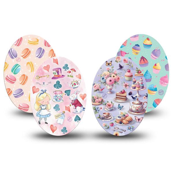 ExpressionMed Mad Hatter's Delight Variety Pack Medtronic Guardian Enlite Universal Oval 4-Pack  Tape Variety Sweet Tea Party Prints, Plaster CGM Design