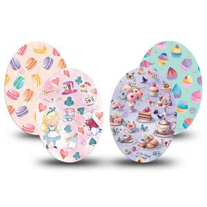 ExpressionMed Mad Hatter's Delight Variety Pack Medtronic Guardian Enlite Universal Oval 4-Pack  Tape Variety Sweet Tea Party Prints, Plaster CGM Design