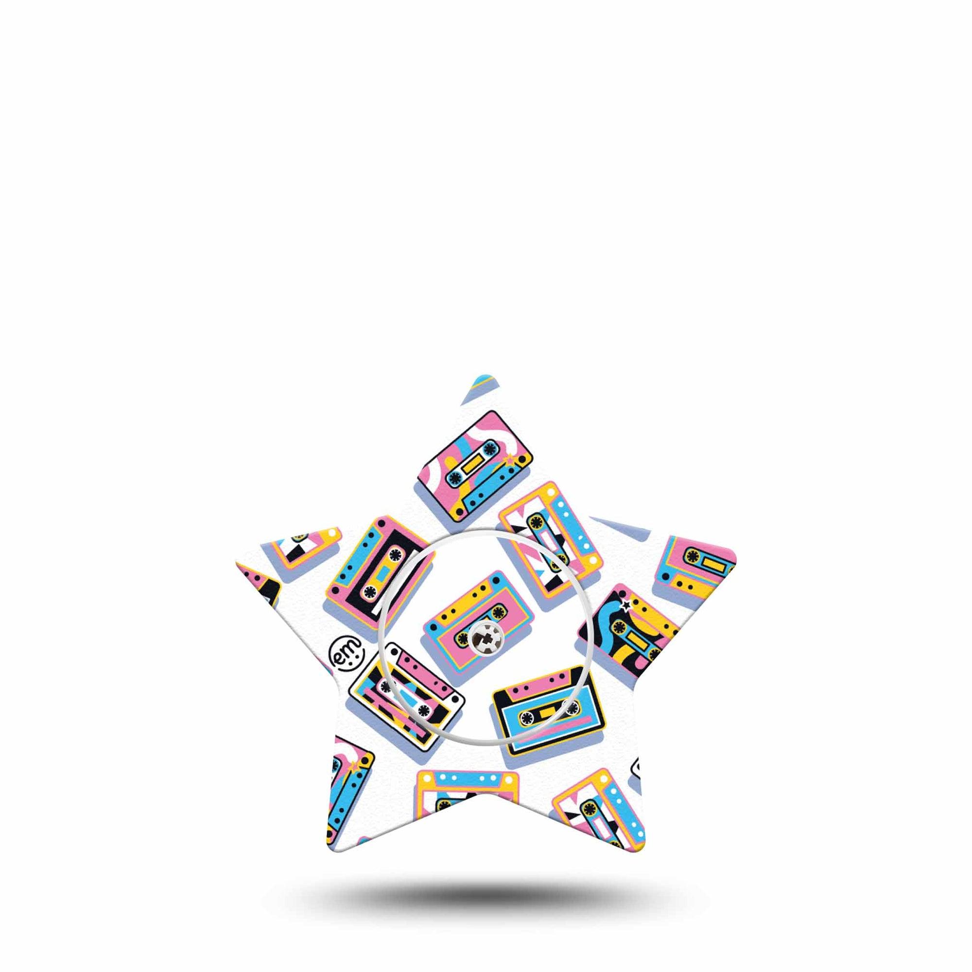 ExpressionMed Vintage Music Tapes Freestyle Libre 2 and Libre 2 Plus Star Shape Tape, Abbott Lingo,  Single Tape and Single Sticker Neon Cassette Tapes, Adhesive Tape CGM Design