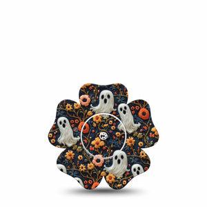 ExpressionMed Embroidered Ghost Freestyle Libre 2 and Libre 2 Plus Flower Shape Tape, Abbott Lingo, Single Tape and Single Sticker Orange Florals and Ghouls, Plaster CGM Design