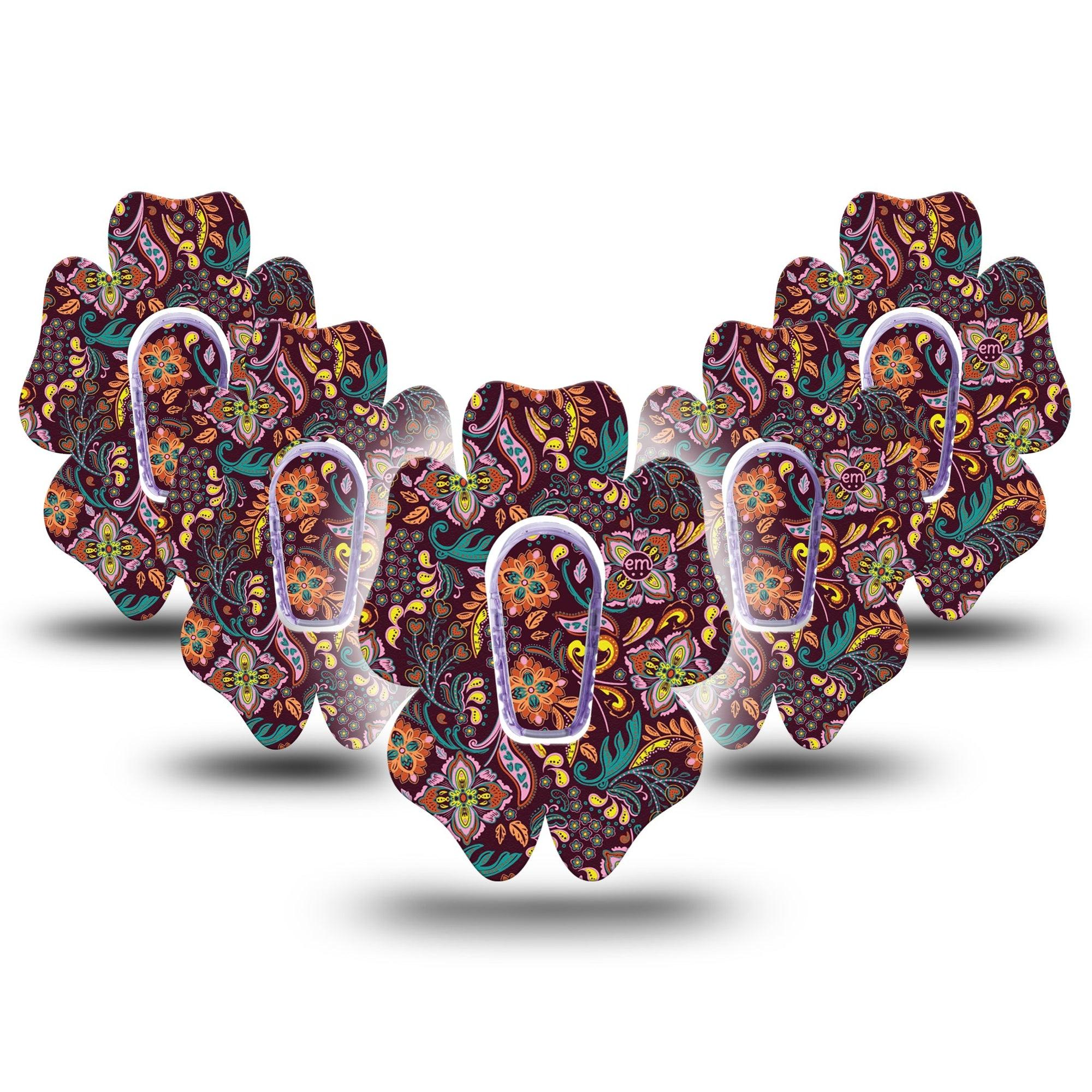 ExpressionMed Ornate Floral Dexcom G6 Flower Shape Tape 5-Pack Tape and 5-Pack Sticker Brown Floral Pattern, Adhesive Patch Continuous Glucose Monitor Design