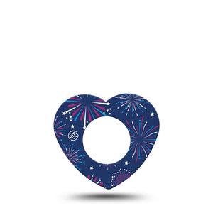 ExpressionMed Night Sky Celebration Freestyle Libre 2 Heart Shape Tape, Abbott Lingo, Single Fireworks against Blue Background Adhesive Patch CGM Design