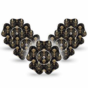 ExpressionMed Midnight Deco Freestyle Libre, Libre 2 Plus, and Abbott Lingo Flower, 5-Pack Tape and 5-Pack Sticker Gold geometric style Waterproof Plaster for Continuous Glucose Monitor