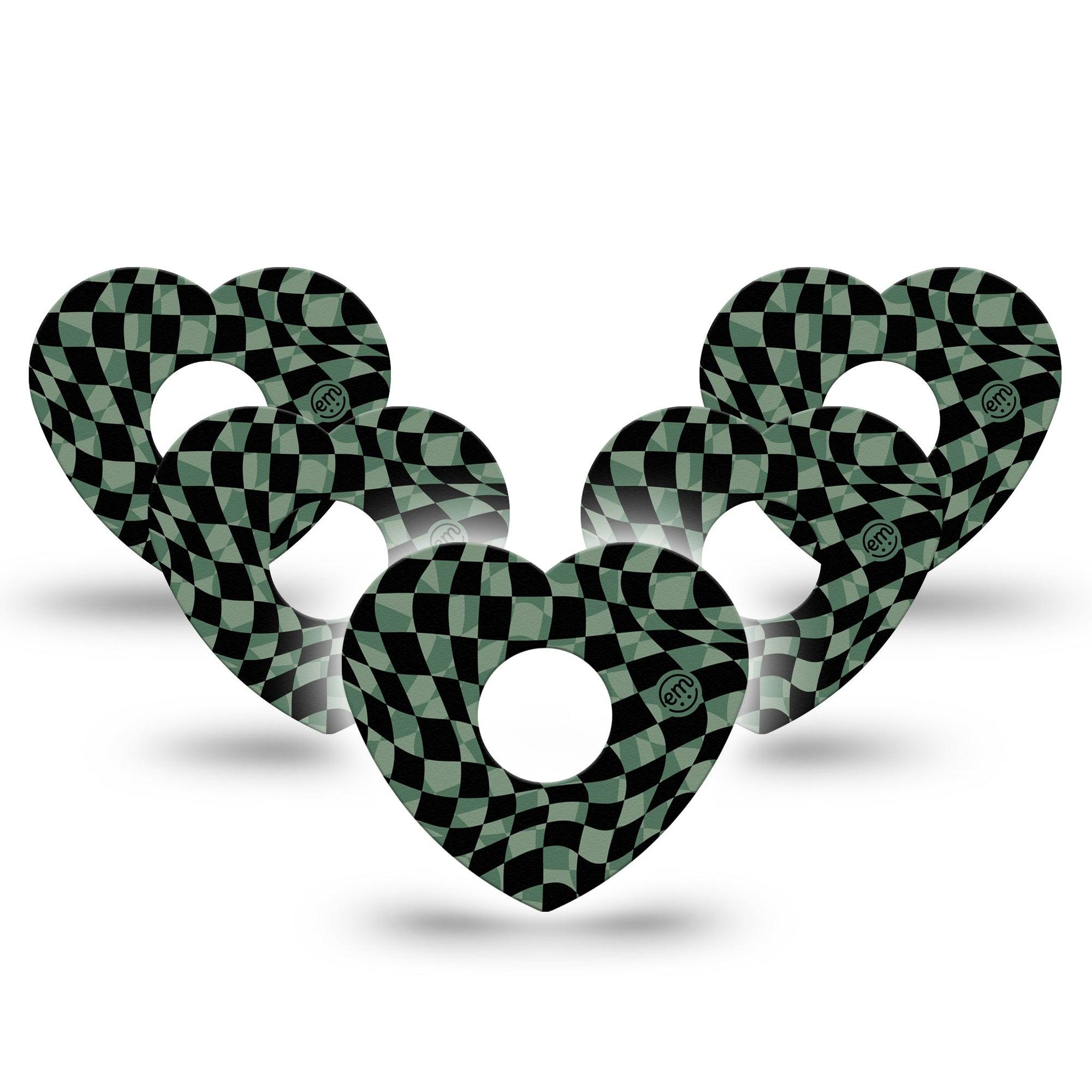 ExpressionMed Green & Black Checkerboard Freestyle Libre 3 Heart Shape Tape 5-Pack Chessboard Scheme Patch CGM Design