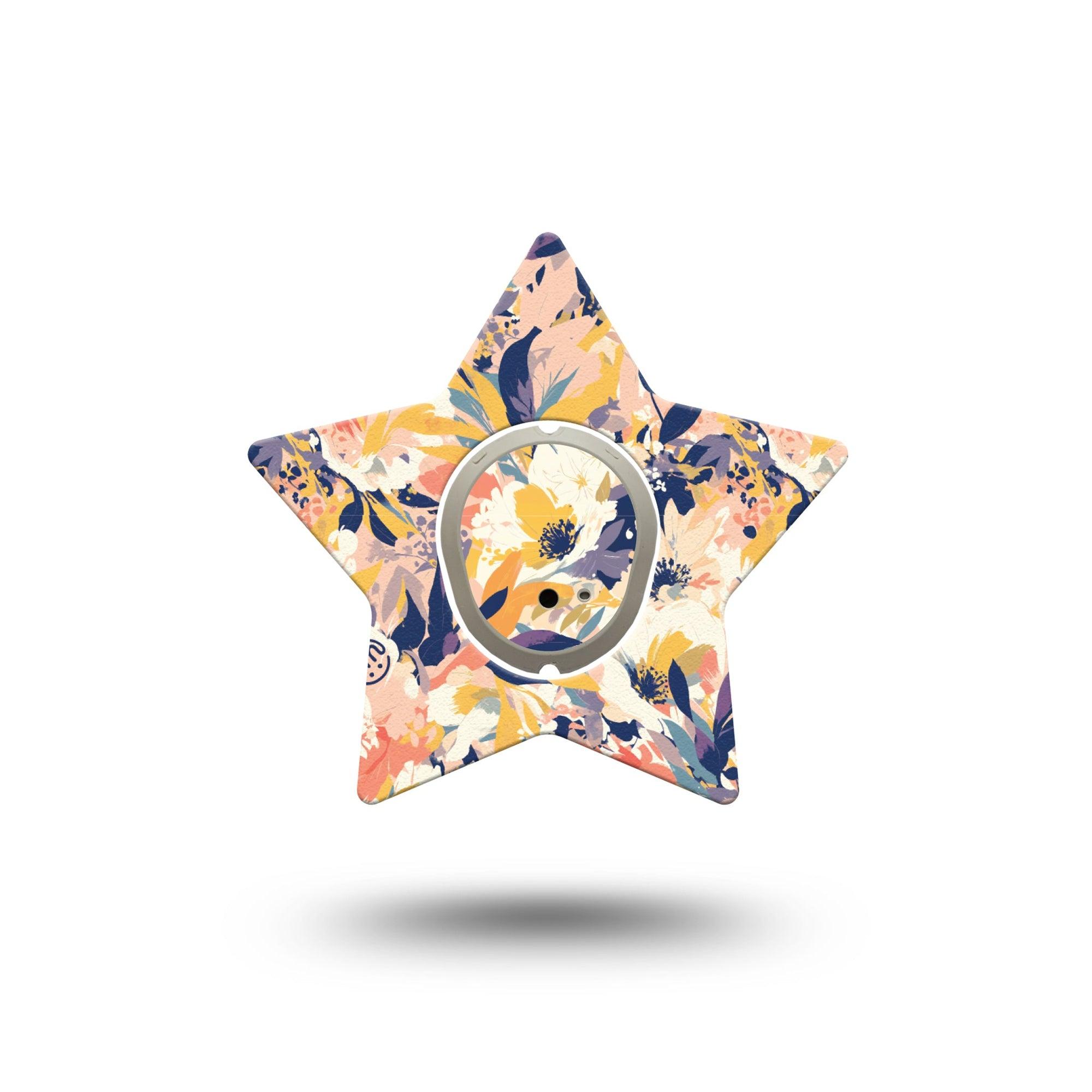 ExpressionMed Tinted Blooms Dexcom G7 Star Shape Tape, Dexcom Stelo Glucose Biosensor System,  Single Tape and Single Sticker Painted Blended Orange Blue Florals Overlay Patch CGM Design