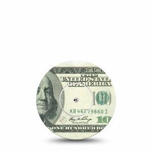 ExpressionMed Feeling $100 Freestyle Libre and Libre 2 Plus Tape, Abbott Lingo, Single Tape and Single Sticker Playful Money Inspired, Fixing Ring Tape Continuous Glucose Monitor Design