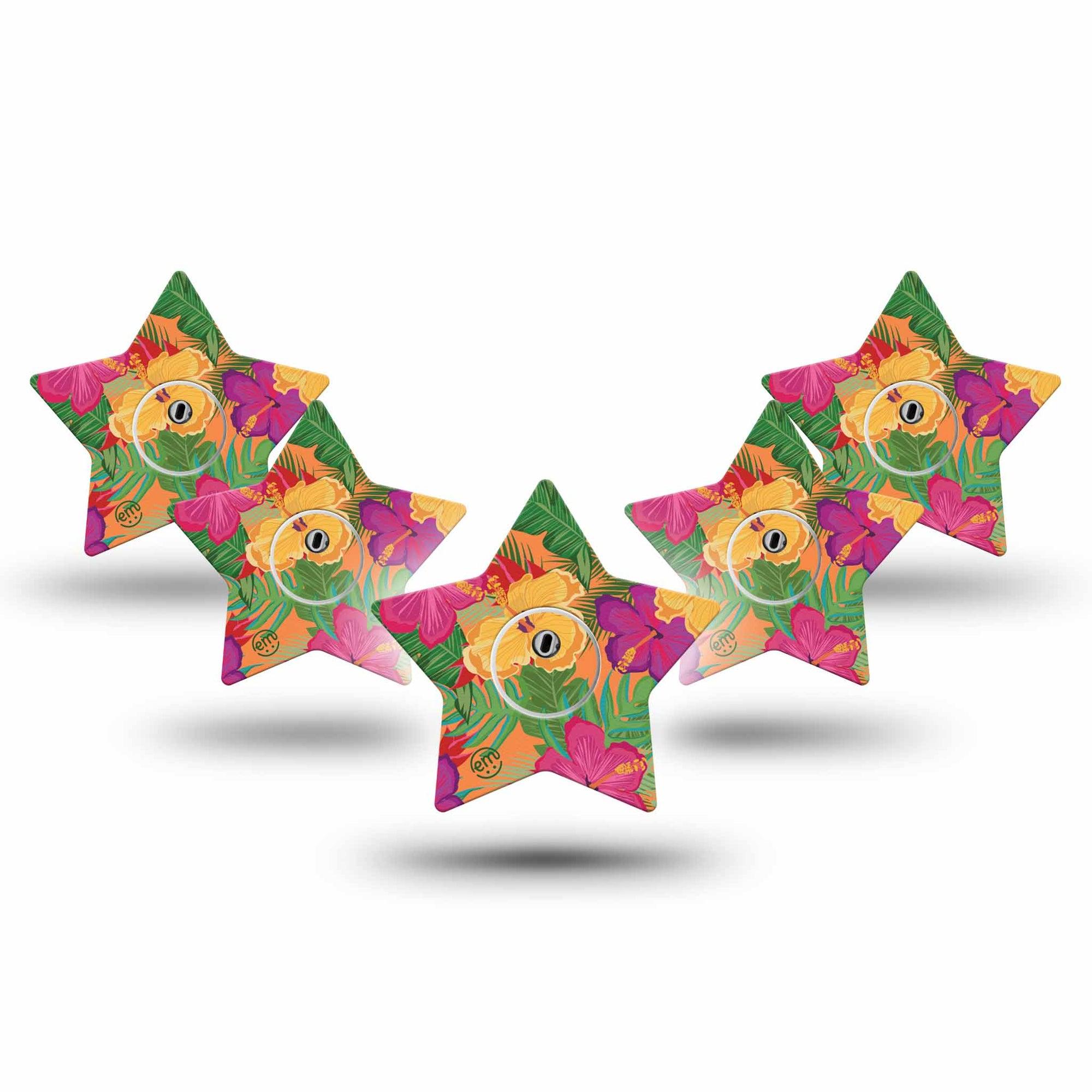 ExpressionMed Bright Hibiscus Freestyle Libre 3 and Libre 3 Plus Star Shape Tape 5-Pack Tape and 5-Pack Sticker Exotic Blossom Overlay Tape CGM Design