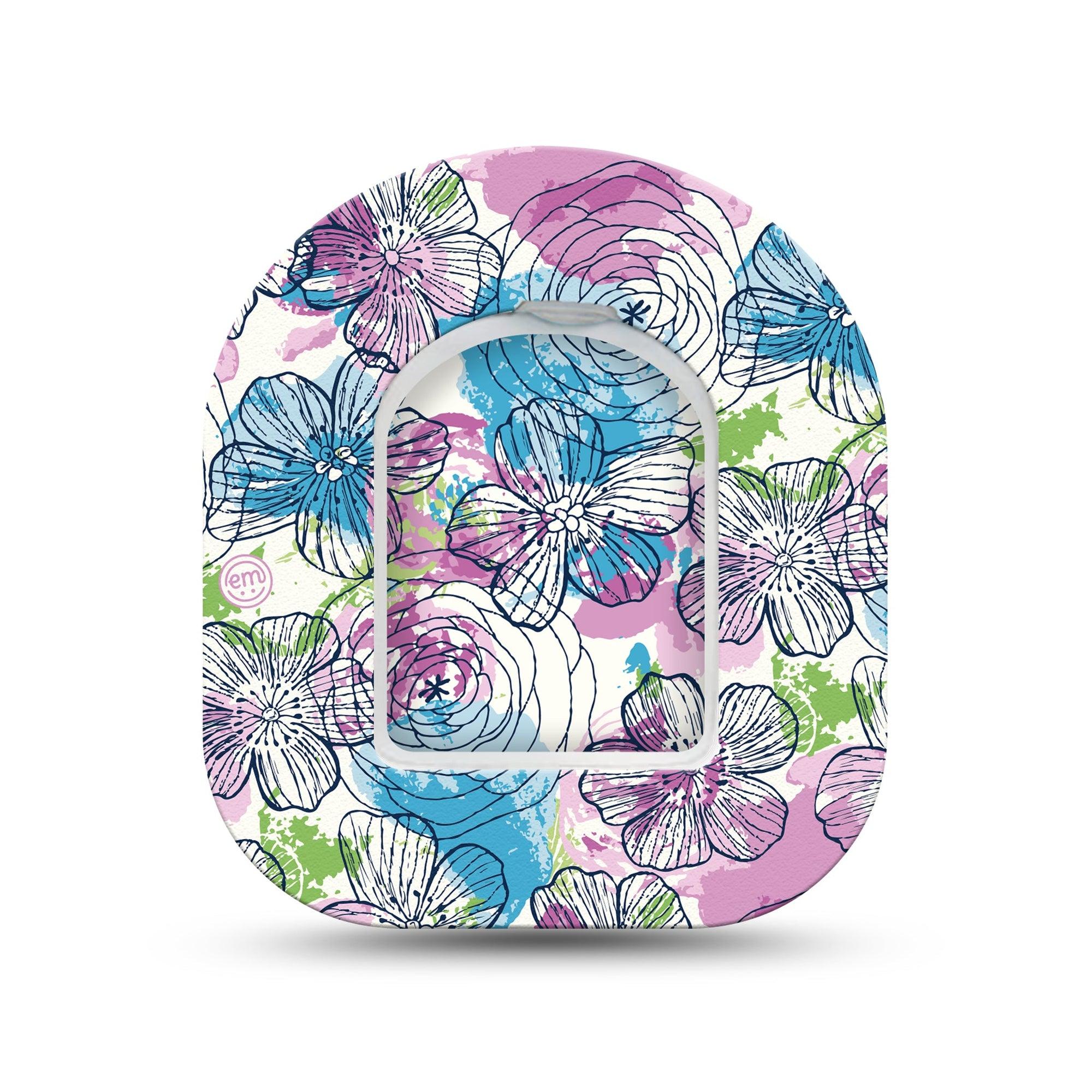 ExpressionMed Stenciled Flowers Omnipod Surface Center Sticker and Mini Tape Watercolor Art Themed Vinyl Sticker and Tape Design Pump Design