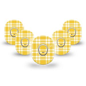 ExpressionMed yellow gingham Dexcom G7 and Dexcom Stelo Glucose Biosensor System Mini, 5-Pack Tape and 5-Pack Sticker Yellow white checkered Sensor Cover for Continuous Glucose Monitor