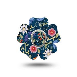 ExpressionMed Floral Folklore Dexcom G7 Flower Shape Tape, Dexcom Stelo Glucose Biosensor System, Single Tape and Single Sticker Navy Backdrop Florals  CGM Design