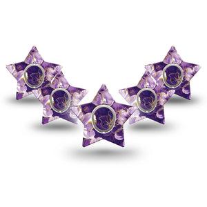 ExpressionMed Plum Gold Dexcom G7 and Dexcom Stelo Glucose Biosensor System Star, 5-Pack Tape and 5-Pack Sticker Deep purple and gold Plaster for Continuous Glucose Monitor