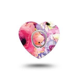 ExpressionMed Watercolor Red Flowers Dexcom G7 Heart Shape Tape, Dexcom Stelo Glucose Biosensor System, Single Tape and Single Sticker Vibrant Pink Red Artwork Florals Overlay Patch CGM Design