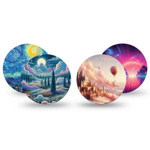 ExpressionMed Cosmic Daydreams Variety Pack Freestyle Libre and Libre 2 Plus Overpatch, Abbott Lingo, 4-Pack Tape Variety Dreamy Scenery, Fixing Ring Patch CGM Design
