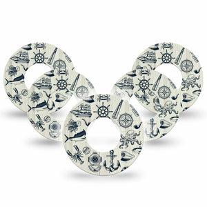 ExpressionMed Nautical Seas Freestyle Libre and Libre 2 Plus Tape, Abbott Lingo, 5-Pack Tape Navy Prints Wood, Fixing Ring Tape Continuous Glucose Monitor Design