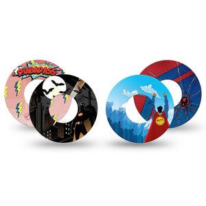 ExpressionMed Super Hero Variety Pack Freestyle Libre and Libre 2 Plus Tape, Abbott Lingo, 4-Pack Tape Variety Superheroes Save Cities, Fixing Ring Tape Continuous Glucose Monitor Design