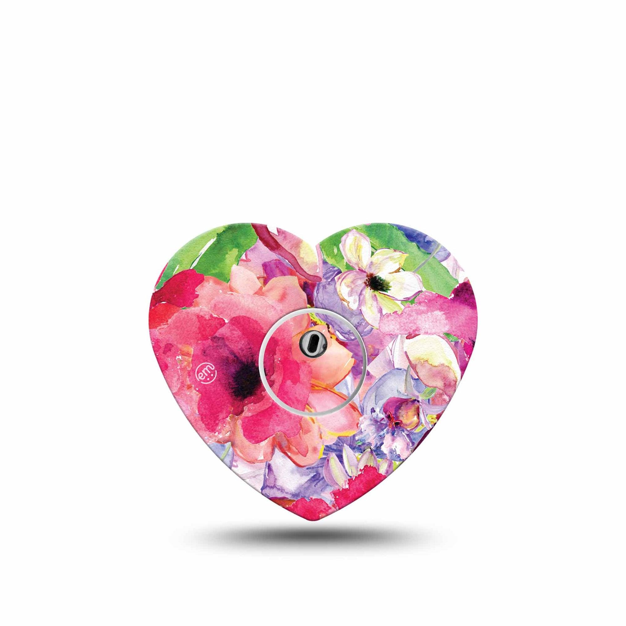 ExpressionMed Watercolor Red Flowers Freestyle Libre 3 Heart Shape Tape Single Tape and Single Sticker Vivid Pink Painted Florals Patch CGM Design