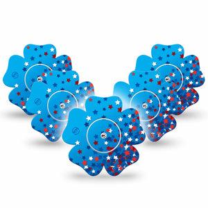 ExpressionMed Confetti Stars Freestyle Libre 2 and Libre 2 Plus Flower Shape Tape, Abbott Lingo,  5-Pack Tape and 5-Pack Sticker Red White Blue Stars, Fixing Ring Tape CGM Design