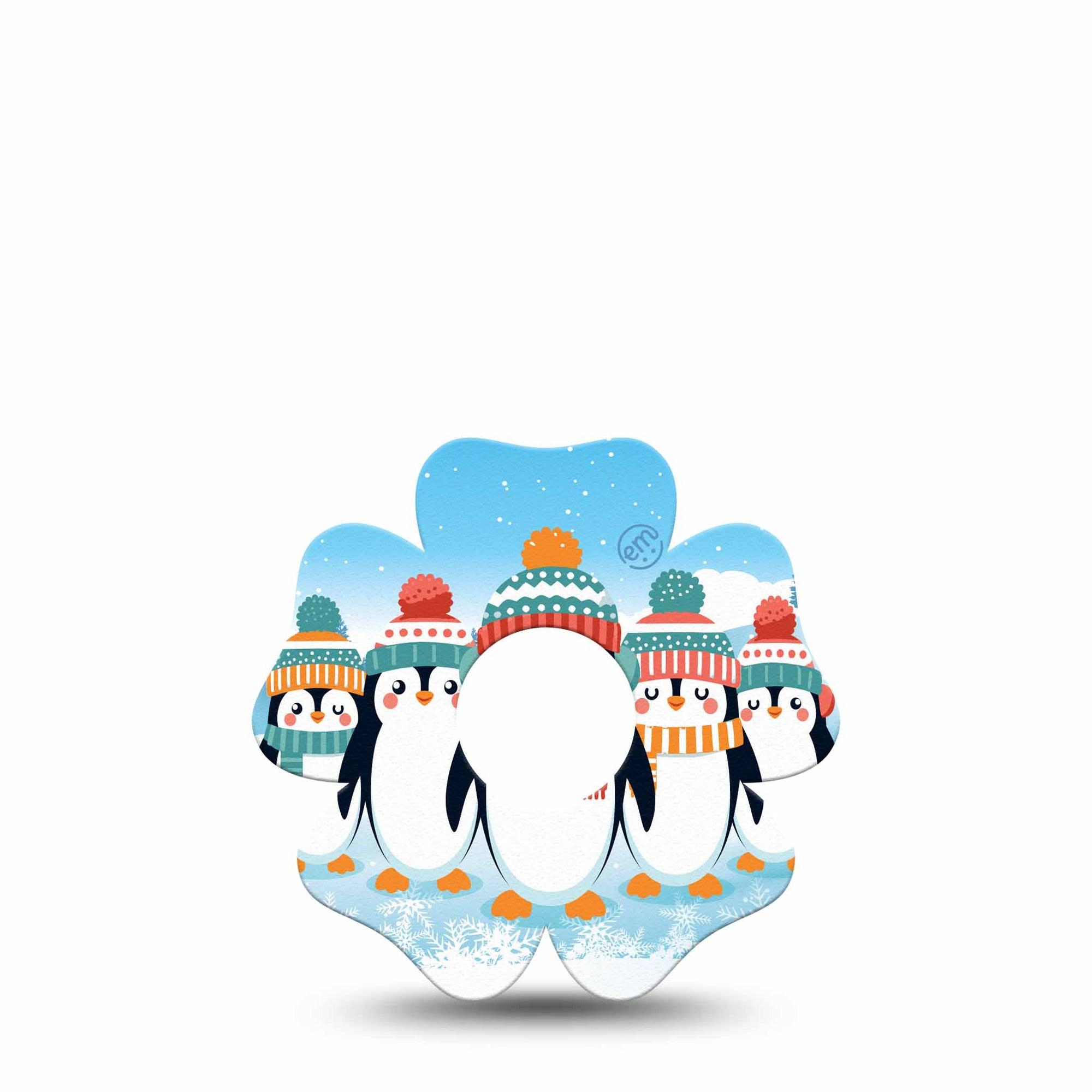 ExpressionMed Penguins In Row Freestyle Libre 3 Flower Shape Tape Single Tape Seasonal Cute Penguins, Overlay Tape CGM Design