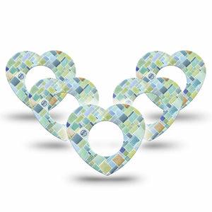 ExpressionMed Watercolor Geometrics Freestyle Libre 2 Heart Shape Tape, Abbott Lingo,  5-Pack Patchwork Tile Green Blue Adhesive Patch CGM Design