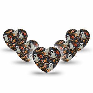 ExpressionMed Embroidered Ghost Freestyle Libre 3 and Libre 3 Plus Heart Shape Tape 5-Pack Tape and 5-Pack Sticker Ghost Halloween Stitch Inspired, Patch CGM Design