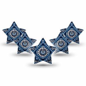 ExpressionMed Indigo Loomwork Freestyle Libre 3 and Libre 3 Plus Star, 5-Pack Tape and 5-Pack Sticker Masculine abstract print Fixing Ring Patch for Continuous Glucose Monitor