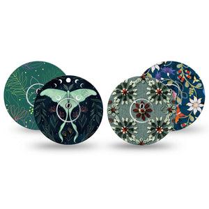 ExpressionMed Muted Mosses Variety Pack Freestyle Libre 3 and Libre 3 Plus Tape, 4-Pack Tape and 4-Pack Sticker Variety, Bold Bohemian Flowers, Adhesive Tape Continuous Glucose Monitor Design