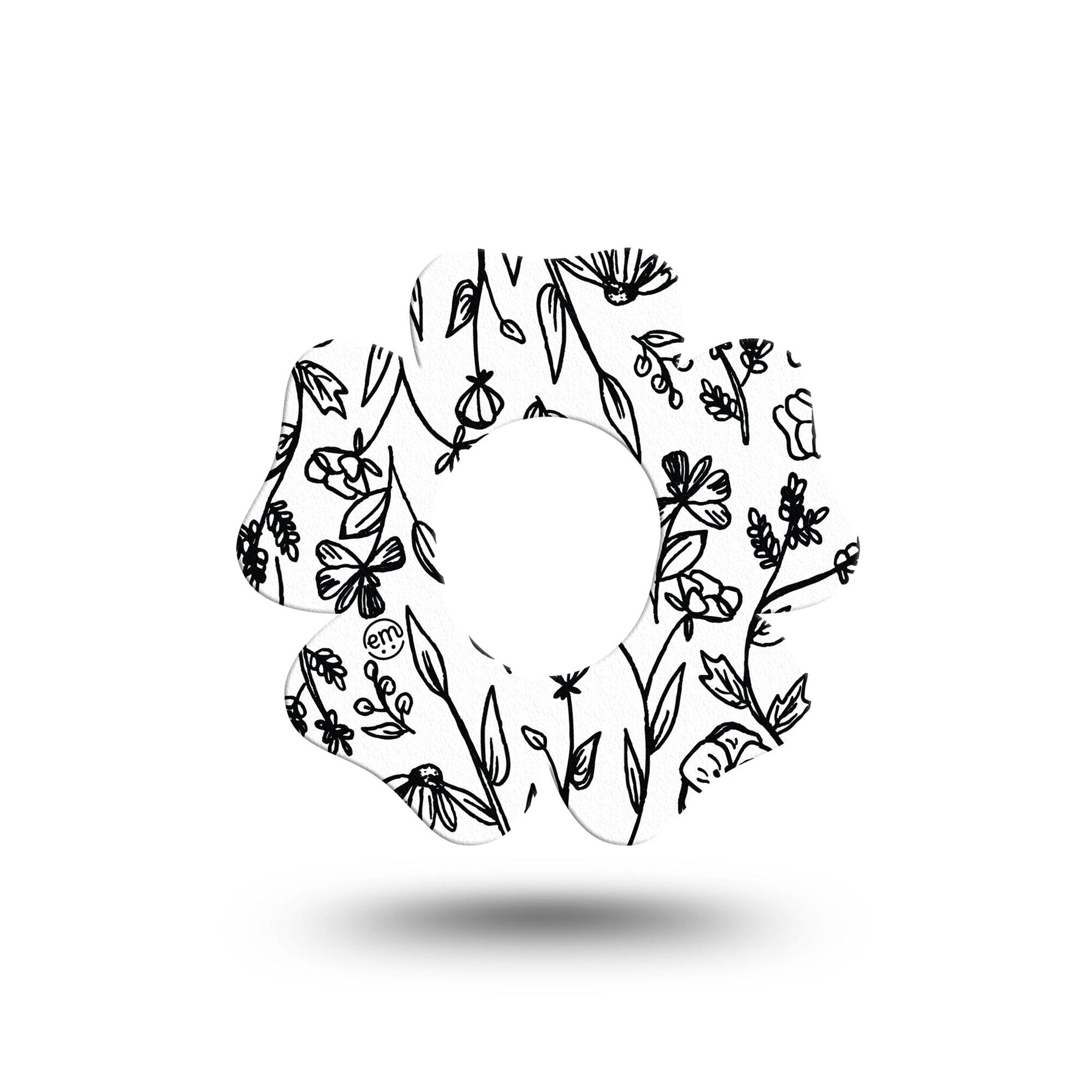 ExpressionMed Custom Black and White Floral Dexcom G7 Flower Shape Tape, Dexcom Stelo Glucose Biosensor System, Single Tape Artistic Florals Plaster CGM Design