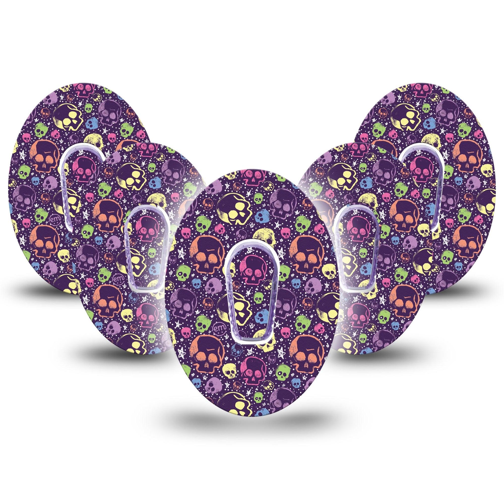 ExpressionMed Neon Skulls Dexcom G6 Tape, 5-Pack Tape and 5-Pack Sticker Purple and Neon Skulls, Plaster Continuous Glucose Monitor Design