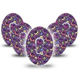 ExpressionMed Neon Skulls Dexcom G6 Tape, 5-Pack Tape and 5-Pack Sticker Purple and Neon Skulls, Plaster Continuous Glucose Monitor Design