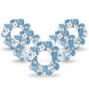 ExpressionMed Cherry Blossom Freestyle Libre 2 and Libre 2 Plus Flower Shape Tape, Abbott Lingo, 5-Pack Tape Sky Blue White Flowers, Plaster CGM Design
