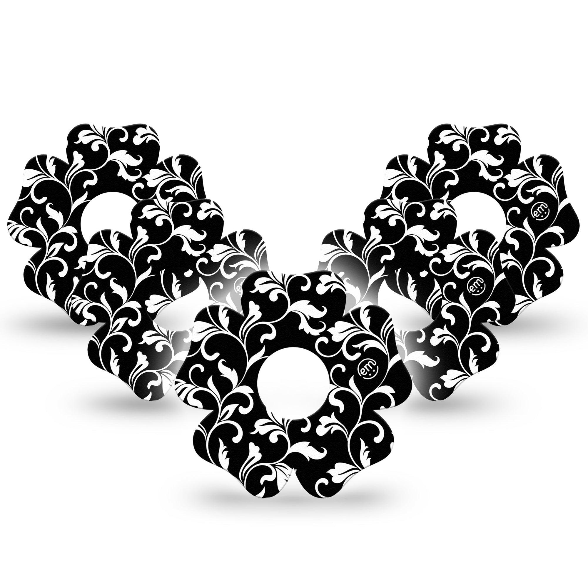 ExpressionMed Fleur de lis Freestyle Libre 3 Flower Shape Tape 5-Pack Fancy black white flower vine Adhesive Tape CGM Design