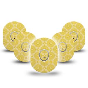 ExpressionMed Yellow Sundress Dexcom G7 Tape, Dexcom Stelo Glucose Biosensor System, 5-Pack Tape and 5-Pack Sticker Golden Ornamental Sunbursts, Overlay Tape CGM Design