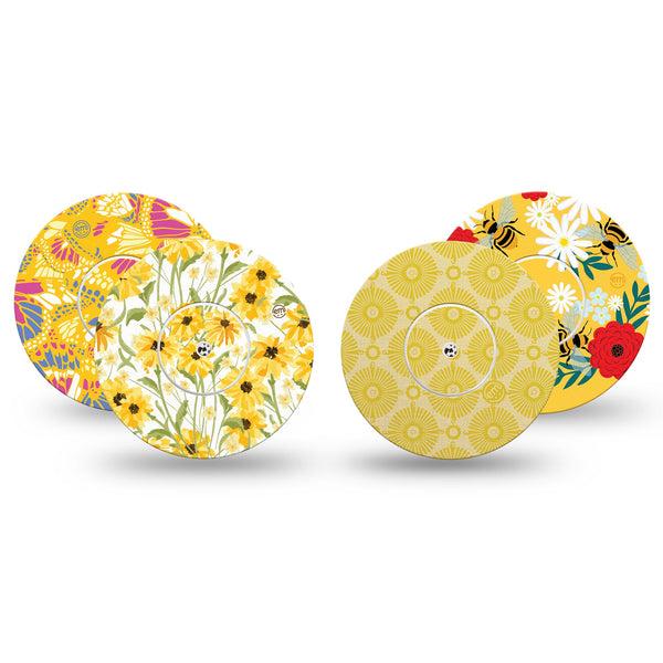 ExpressionMed Daisy Meadow Variety Pack Freestyle Libre and Libre 2 Plus Tape, Abbott Lingo, 4-Pack Tape and 4-Pack Sticker Variety Warm Yellow Tones, Fixing Ring Tape Continuous Glucose Monitor Design