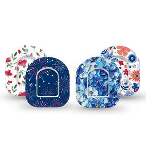 ExpressionMed Red, White & Bloom Variety Pack Omnipod Mini Tape 4-Pack Tape and 4-Pack Sticker Variety Patriotic Red Blue Florals, Adhesive Tape Pump Design