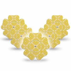 ExpressionMed Yellow Sundress Freestyle Libre 2 and Libre 2 Plus Flower Shape Tape, Abbott Lingo, 5-Pack Tape and 5-Pack Sticker Golden Sunbursts Pattern, Plaster CGM Design