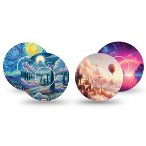 ExpressionMed Cosmic Daydreams Variety Pack Freestyle Libre and Libre 2 Plus Tape, Abbott Lingo, 4-Pack Tape and 4-Pack Stickers Variety Ethereal Clouds and Skies, Fixing Ring Tape Continuous Glucose Monitor Design