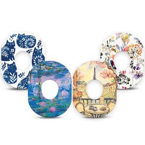 ExpressionMed WAtercolor Muse Dexcom G7 and Dexcom Stelo Glucose Biosensor System, 4-Pack Tape Whimsy stems and cafe Fixing Ring Tape for Continuous Glucose Monitor