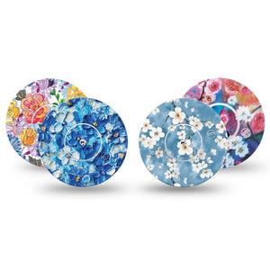 ExpressionMed Sakura Sky Variety Pack Freestyle Libre and Libre 2 Plus Tape, Abbott Lingo, 4-Pack Tape and 4-Pack Sticker Variety Delicate Spring Florals, Fixing Ring Tape Continuous Glucose Monitor Design