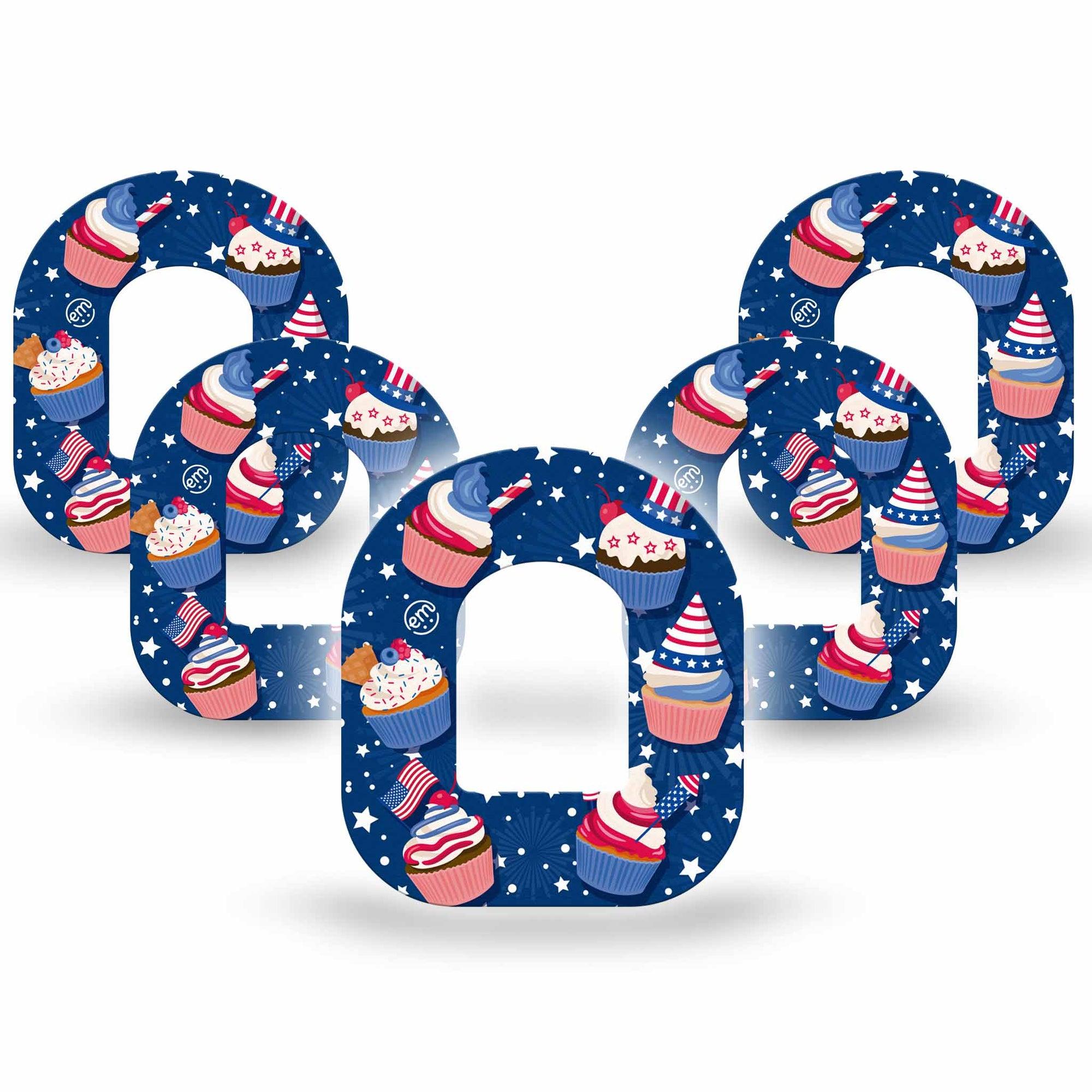 ExpressionMed Patriotic Cupcakes Omnipod Wrap Sticker 5-Pack Sticker Independence Day Cupcakes Decorative Decal Pump Design