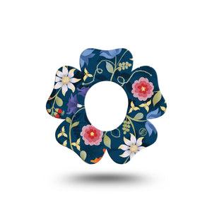 ExpressionMed Floral Folklore Dexcom G7 Flower Shape Tape, Dexcom Stelo Glucose Biosensor System, Single bright white and red flowers on a blue background Adhesive Tape CGM Design