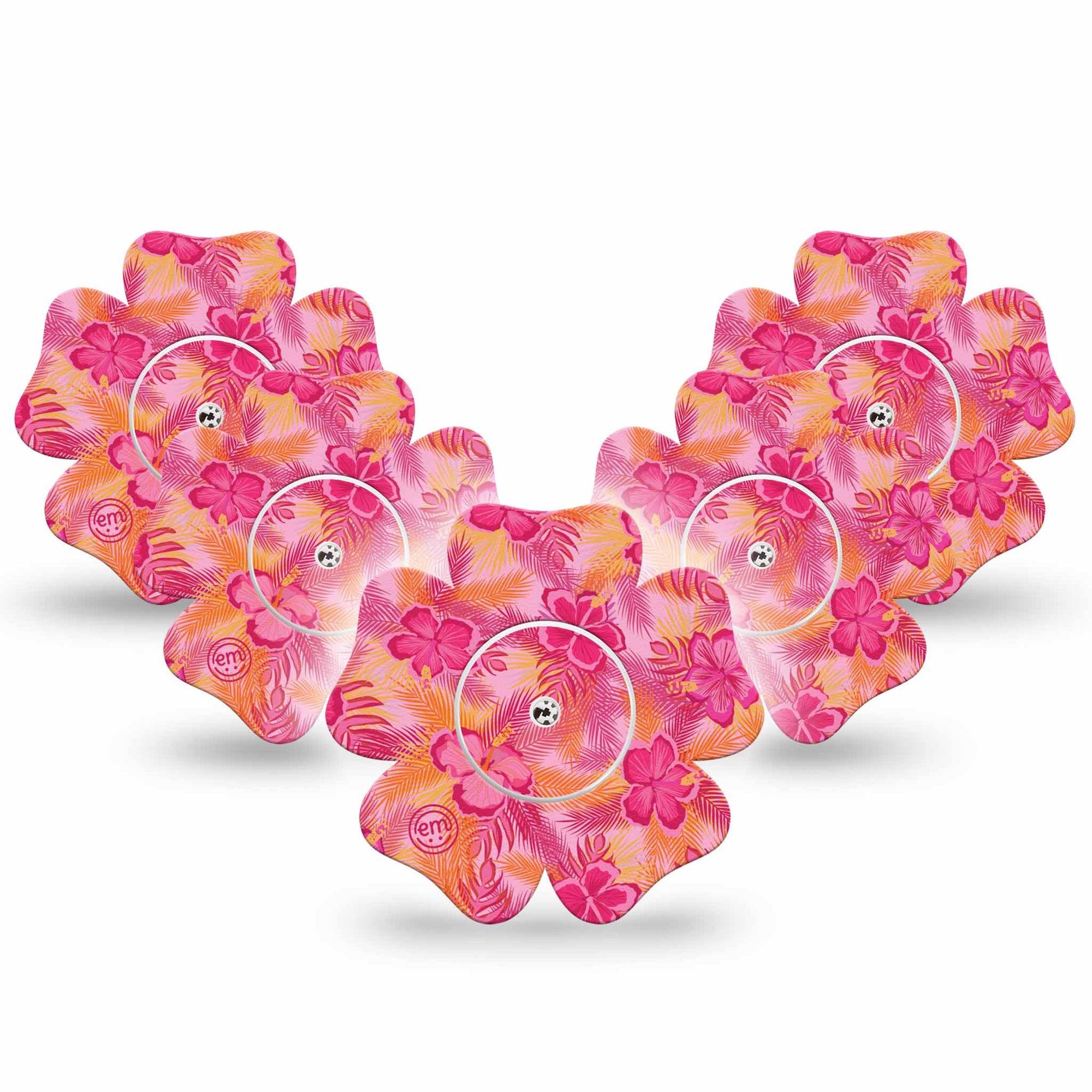 ExpressionMed Pink Hibiscus Freestyle Libre 2 and Libre 2 Plus Flower Shape Tape, Abbott Lingo,  5-Pack Tape and 5-Pack Sticker Exotic Flower, Fixing Ring Tape CGM Design