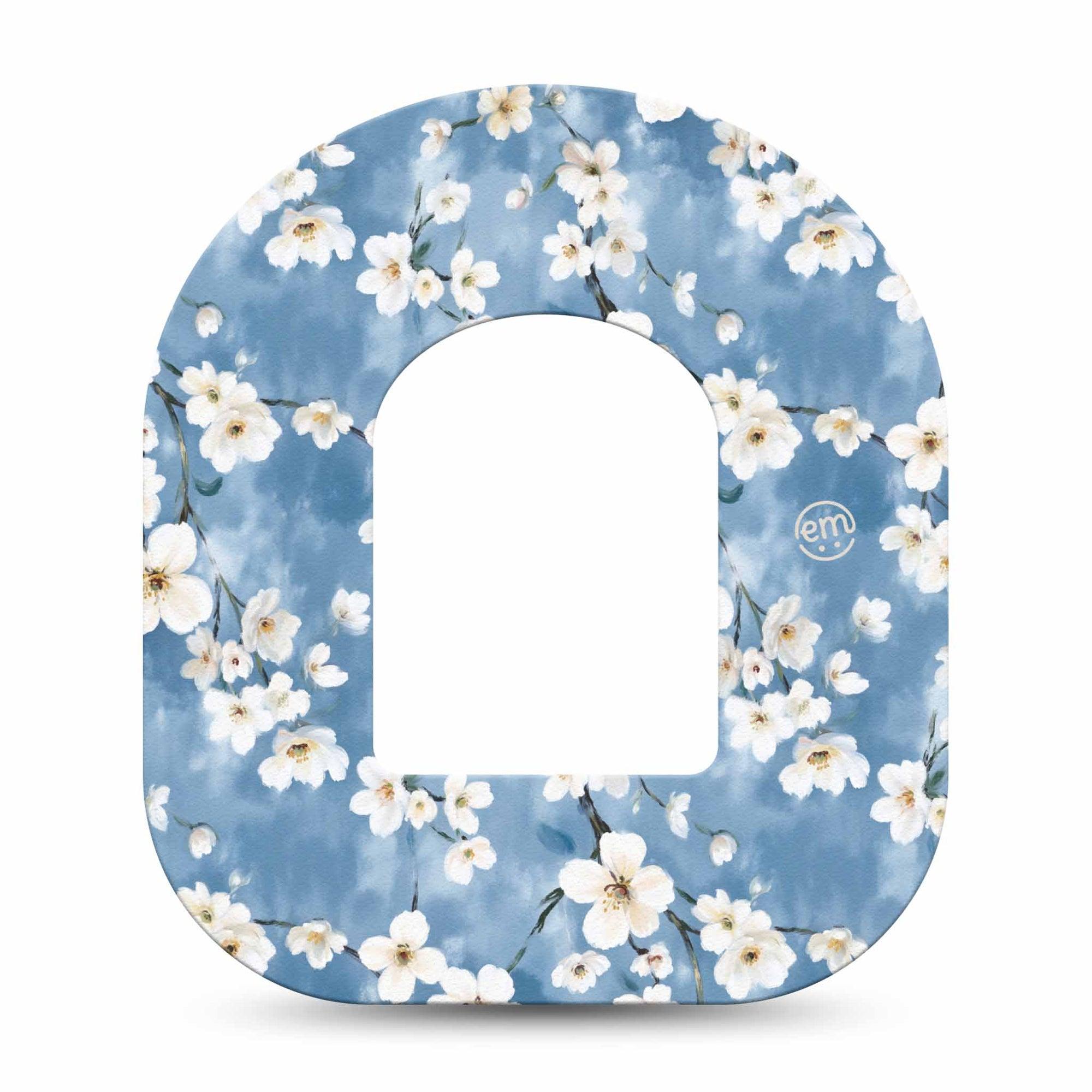 ExpressionMed Cherry Blossom Omnipod Tape Single Tape Sky Blue White Flowers, Adhesive Patch Pump Design