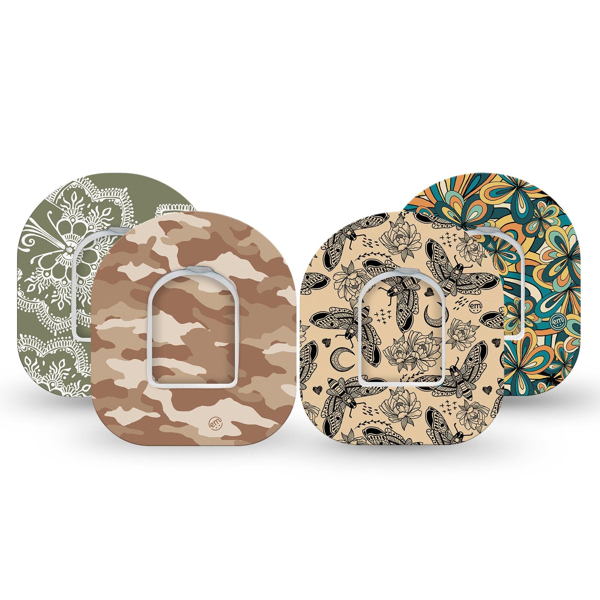 ExpressionMed Khaki Florals Variety Pack Omnipod Tape 4-Pack Tape and 4-Pack Sticker Variety Intricate Floral and Bug Patterns, Adhesive Patch Pump Design