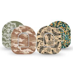 ExpressionMed Khaki Florals Variety Pack Omnipod Tape 4-Pack Tape and 4-Pack Sticker Variety Intricate Floral and Bug Patterns, Adhesive Patch Pump Design
