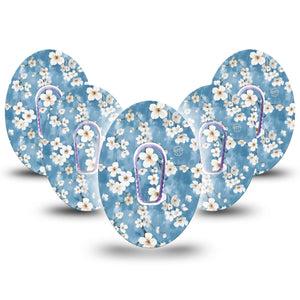 ExpressionMed Cherry Blossom Dexcom G6 Tape 5-Pack Tape and 5-Pack Sticker Sky Blue White Flowers, Plaster Continuous Glucose Monitor Design